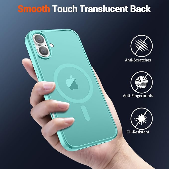 SUPFINE Magnetic for iPhone 16 Plus Case (Compatible with MagSafe) (Military Grade Drop Protection) Translucent Matte Shockproof with Anti-Fingerprint Phone Case, Blue Green