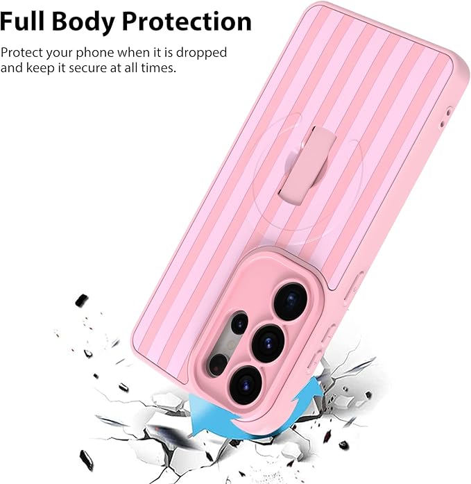 KANGHAR Compatible with Samsung Galaxy S26 Ultra Case, Support for MagSafe, Silicone Stripes Cute Pattern, Wristband Kickstand Camera Protection Soft Slim Cover for Girls Women -Pink