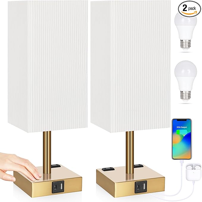 Set of 2 Bedside Table Lamp 3 Way Dimmable Nightstand Lamp with USB C & USB A Charging Port, 2 AC Outlets, 3000K LED Bulbs (Pleate)