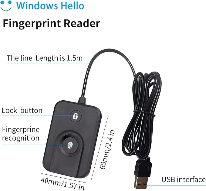 USB Fingerprint Reader for Windows10/11, Windows Hello Fingerprint Reader One-Click Lock Screen,Auto Driver Setup with 5ft Cable-Windows Password-Free Login