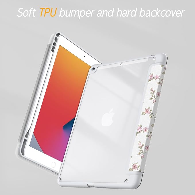 Case for iPad 9th / 8th / 7th Generation (2021/2020/2019) 10.2 inch, Case with Pencil Holder, Stand Clear Back Cover Cute Cool Design for Women Girls, Auto Sleep/Wake, Pink Flower