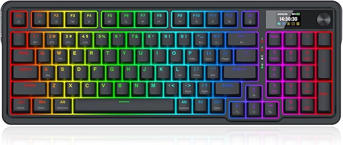Redragon K719 Wireless Gasket Gaming Keyboard w/Hype Screen & Knob, 95 Keys Mechanical Keyboard, Easy-Control 1.14’’ TFT Info Display, 5-Layer Noise Dampening, Custom Linear Switch, Essential Black