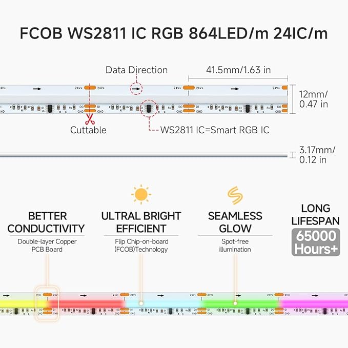 BTF-LIGHTING FCOB WS2811 IC RGB COB LED Strip 864LED/m Flexible High Density Color Chasing Uniform Light DC24V 9.8FT 24IC/m 12mm Width for DIY Lighting Project(No Adapter or Controller)