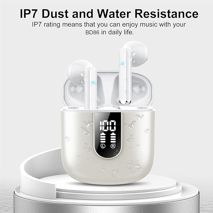 Jesebang Wireless Earbuds, Bluetooth 5.4 Headphones HiFi Stereo, Bluetooth Earbuds with ENC Noise Cancelling Mic, 36H LED Display Ear Buds, IPX7 in Ear Earphones for Phone Tablet Laptop Sports, White