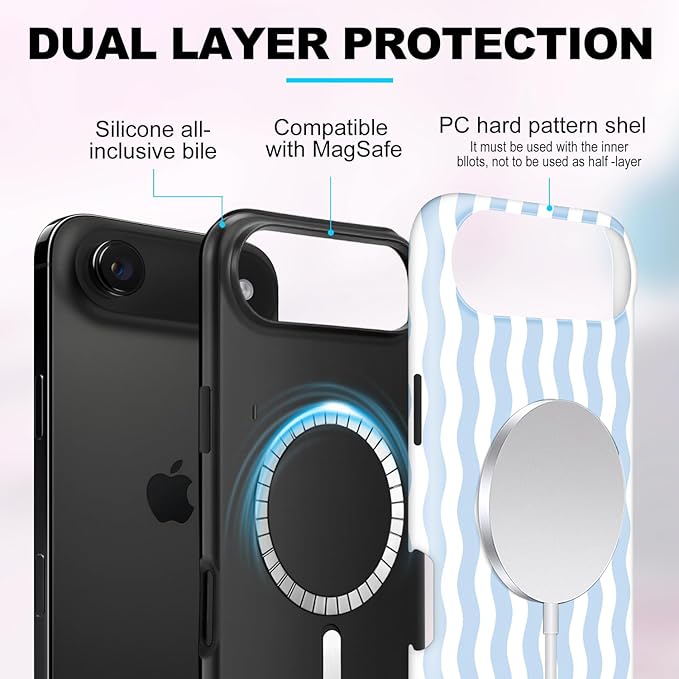 Magnetic for iPhone 17 Air Case Cute Wavy Stripes Phone Case, Shockproof Slim TPU and Hard PC Protective Phone Cover Compatible with MagSafe Designed for Women Girls, Blue