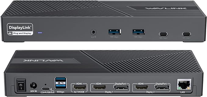 WAVLINK DisplayLink Docking Station Triple Monitor 4K@60Hz for 3 Monitors, 100W Charging for Thunderbolt 5/4/3, USB C M1-M5 Mac/MacBook Neo/Windows- 3 HDMI, 2 DP, 6 USB Ports, 160W Power, LAN, Audio
