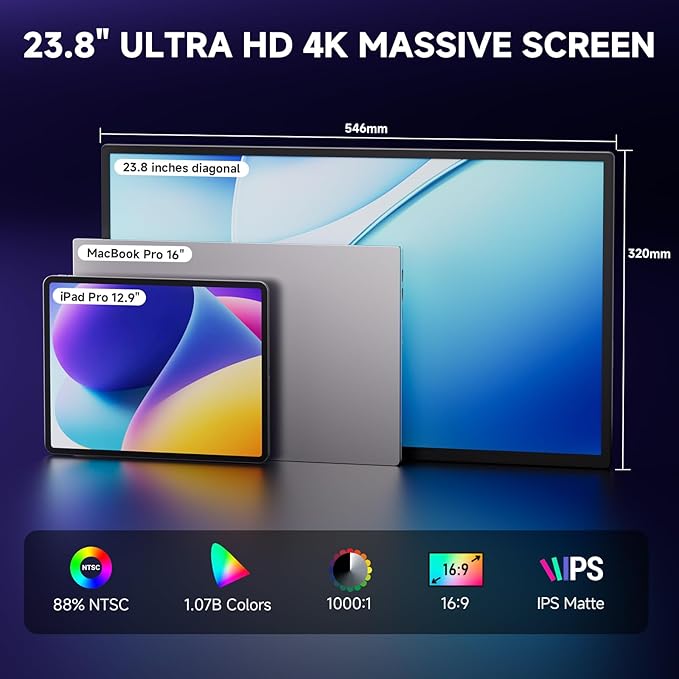 23.8" 4K Portable Monitor, UHD 3840x2160 IPS 400nits 100% sRGB Calibrated Color Gaming Monitor, USB-C HDMI Laptop Screen Extender with Speakers for Desktop, MacBook, PS5, Xbox, Switch