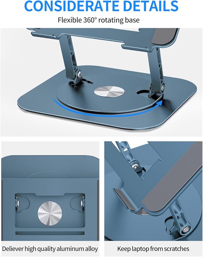 AOEVI Adjustable Laptop Stand with 360 Rotating Base, Computer Stand for Laptop Ergonimic Foldable Laptop Riser for Desk Compatible with MacBook Pro/Air Notebook up to 16 Inches, Navy