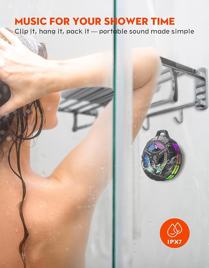 Waterproof Bluetooth Shower Speaker with Suction Cup, IPX7 Bathroom Speaker, 15W Loud Stereo Sound, Deep Bass, TWS Pairing, RGB Lights, Portable Speaker Gift for Men & Women
