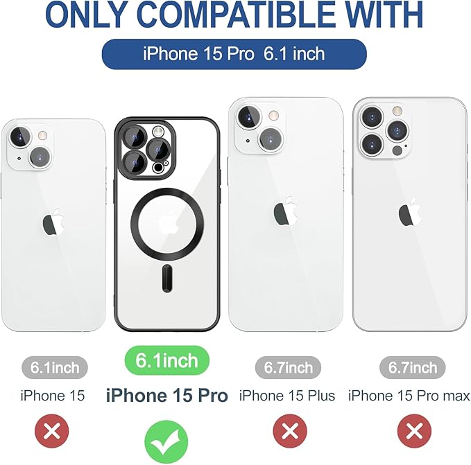 Hython Magnetic Clear for iPhone 15 Pro Case with Camera Lens Protector [Compatible with MagSafe] Luxury Plating Edge Slim Soft TPU Cover Protective Phone Case for iPhone 15 Pro 6.1", Matte Black