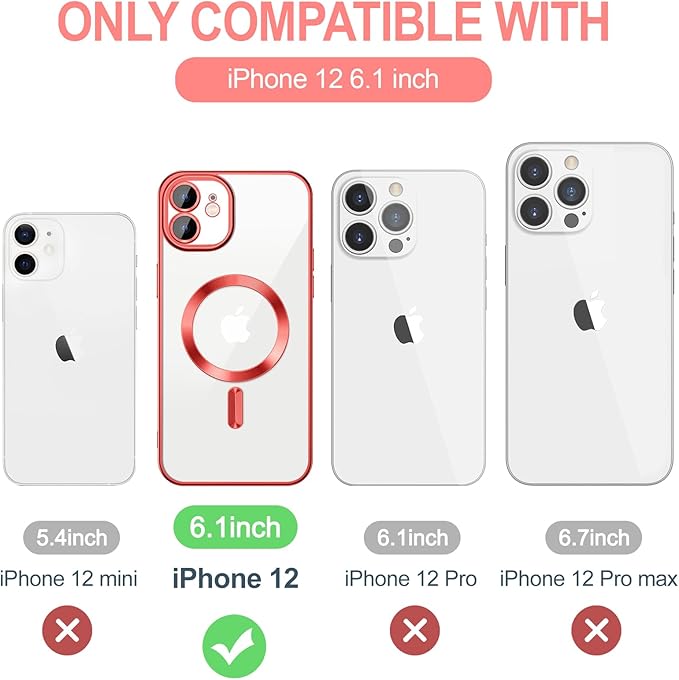 Hython Magnetic Clear for iPhone 12 Case with Camera Lens Protector [Compatible with MagSafe] Luxury Plating Edge Slim Soft TPU Cover Protective Phone Case for iPhone 12 6.1", Red