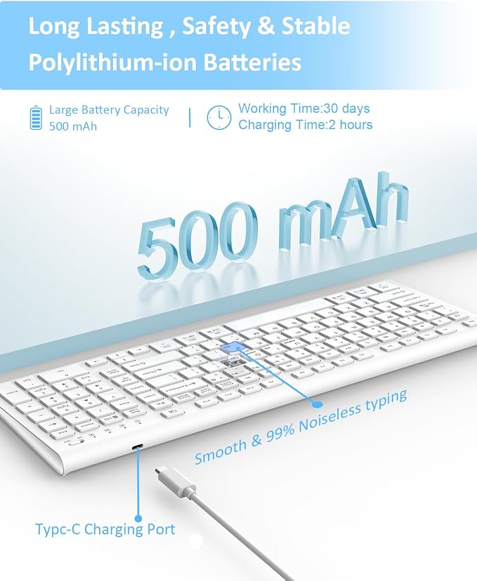 FENIFOX Wireless Keyboard, Bluetooth & 2.4G USB & USB-C Rechargeable Silent Ultra Quiet Low Profile Compact Full Size with Number Pad Soft Multi Device for Mac MacBook Windows PC - White