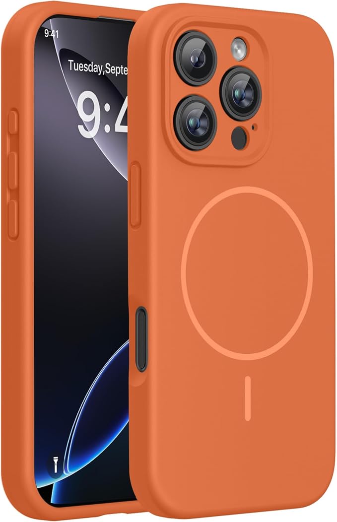 Miracase Magnetic for iPhone 16 Pro Case, [Soft Anti-Scratch Microfiber Lining], Compatible with MagSafe, Liquid Silicone Case Shockproof Drop Protection Phone Case for 16 Pro,Orange