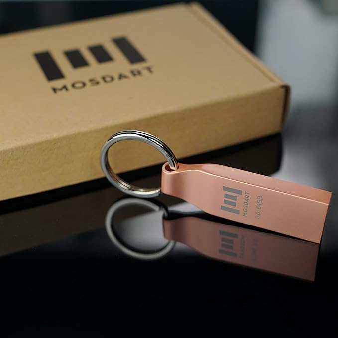 MOSDART 64GB Waterproof USB3.0 Flash Drive, Speed Up to 90MB/S, exFAT Metal Memory Stick with Keychain, for System Back, Data Storage, Rose Gold