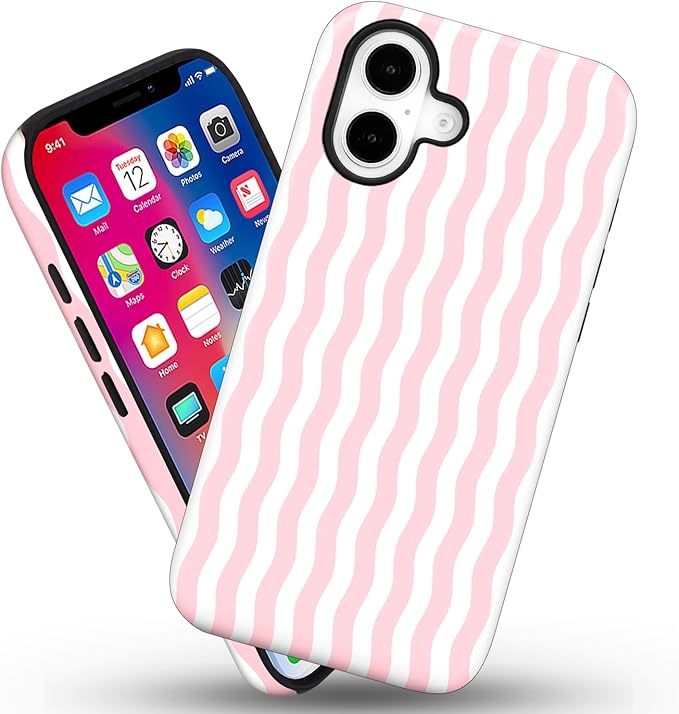 Magnetic for iPhone 17 Case Cute Wavy Stripes Phone Case, Shockproof Slim TPU and Hard PC Protective Phone Cover Compatible with MagSafe Designed for Women Girls, Pink