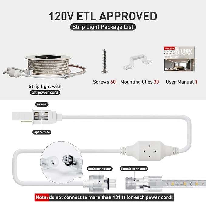 Shine Decor LED Strip Light Easy Connectable, 2800K Warm White Cold Resist Weatherproof Plug-in for Indoor Outdoor, 101 LM/FT Dimmable Bright Eco Rope Lighting 50FT, 120V Whole Set ETL Listed