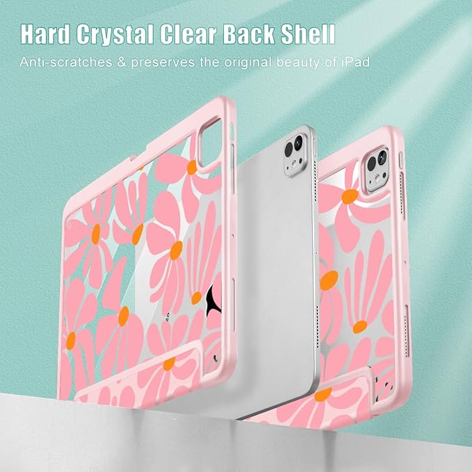 May Chen Case for iPad Pro 11-Inch M5/M4 2025/2024 (6th/5th Generation), Clear Transparent Print Back Shell Slim Stand Shockproof Tablet Cover, Auto Wake/Sleep, Groovy Flower