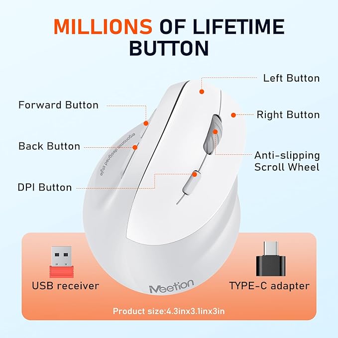 MEETION Ergonomic Mouse, Wireless Vertical Mouse RGB Backlit Rechargeable Mice for Bluetooth(5.2 + 3.0) & USB-A with Type-c Adapter 4 Adjustable DPI Mac/Windows/Andriod/Tablet/iPad Gray