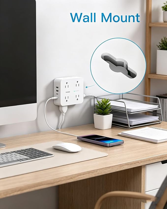 Extension Cord 20 Ft, One Beat Surge Protector Power Strip 20 Ft Long Cord, 8 AC Outlets with 4 USB Ports(2 USB C), White Power Strip for Home Office College Dorm Room, Desk Essentials
