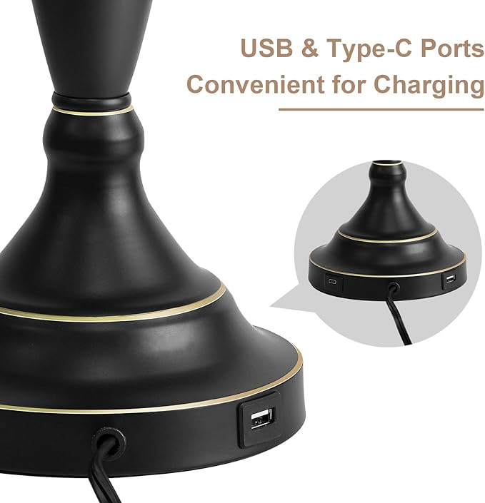 Oneach 28" Modern Table Lamps Set of 2 for Living Room, Black Metal Bedside Lamps with USB Ports, Nightstand Lamps Set for Bedroom End Table Home Office(Bulbs not Included)