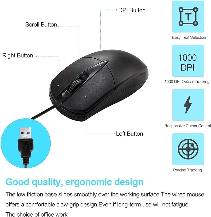 60 PCS Black Wired USB Computer Mouse Bulk - 1000 DPI 3 Button Corded With Home Office Noiseless Simple for Laptop Desktop PC (YX-Mouse60)