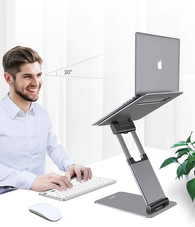 Nulaxy Height Adjustable Laptop Stand for Desk, Dual Foldable Aluminum Computer Riser, Pull Out Design Ergonomic Sit to Notebook Holder Convertor, Compatible with All 10-17" Laptops, Tablets, Gray