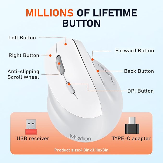 MEETION Left-Handed Ergonomic Wireless Vertical Mouse with RGB, Bluetooth (5.2 + 3.0) & 2.4G USB-A with Type-C Adapter, 4 Adjustable DPI for Mac/Windows/PC/Tablet/iPad, Gray