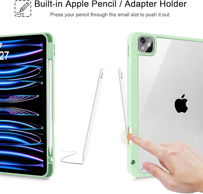 Tuiklol for iPad Pro 11 Inch 4th / 3rd / 2nd / 1st Gen (2022 2021 2020 2018) Case -Built-in Pencil Holder Shockproof Cover Clear Transparent Back Shell with Auto Wake/Sleep, Spot-Green