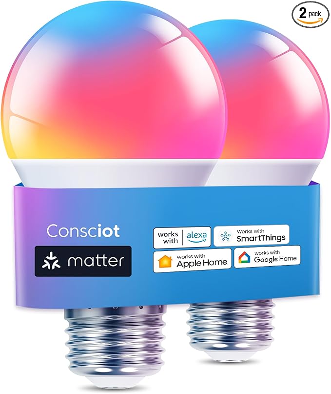 Consciot Matter WiFi Smart Light Bulbs Works with Alexa/Google Home/Apple Home/Siri/SmartThings, RGBTW Color Changing LED Light Bulb That Music Sync, A19 E26 60W Equi, 2.4Ghz WiFi&Bluetooth, 2 Pack