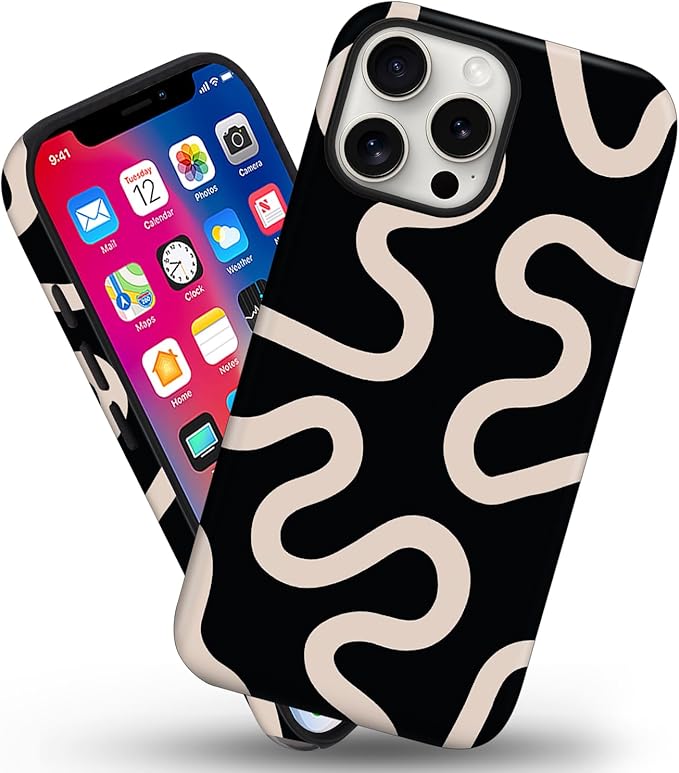Magnetic for iPhone 16 Pro Max Case Cute Curved Stripes Phone Case, Shockproof Slim TPU and Hard PC Protective Phone Cover Compatible with MagSafe Designed for Women Girls,Black