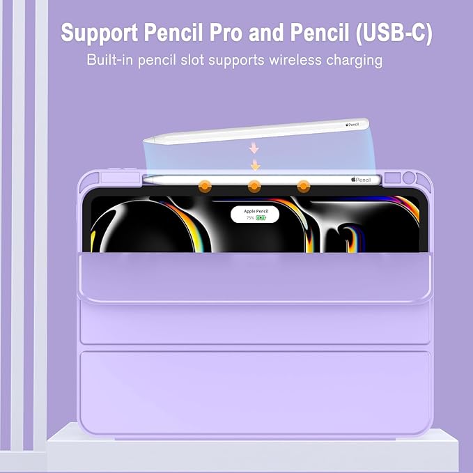 ZryXal iPad Pro 11 Inch Case (M5) 2025/ (M4) 2024 (Model: A2836/A2837/A3006), Trifold Stand Smart Cover with Pencil Holder and Soft TPU Back, Auto Wake/Sleep (New Clove Purple)