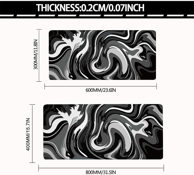 Large Gaming Mouse Pad - Black and White Mouse Pad with Stitched Edges, Extended XL Mousepad with Anti-Slip Rubber Base, Ink Liquid Wave Desk Mat for Keyboard and Mouse(31.5x15.8 inch)
