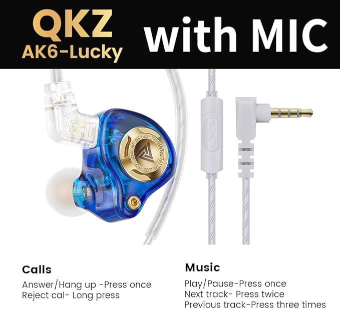 Qkz Ak6 Lucky in Ear Monitor, HiFi Wired Earbuds, Tunable Sound Wired Headphones Gaming Earbuds with 3-Level Adjusting Switch, Detachable Cable for Music Gaming Video Calling (Blue)