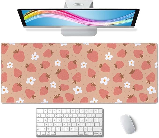 Strawberry and Daisy Pattern Desk Pad Pink Large Mouse Pad Gaming Mousepad Extended XL Keyboard Pad 31.5 x 11.8 in Laptop Computer Mouse Keyboard Mat for Office Desk Decor