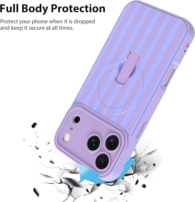 KANGHAR Compatible with iPhone 17 Pro Max Case, Support for MagSafe, Silicone Stripes Cute Pattern, Wristband Kickstand Camera Protection Soft Slim Cover for Girls Women -Purple