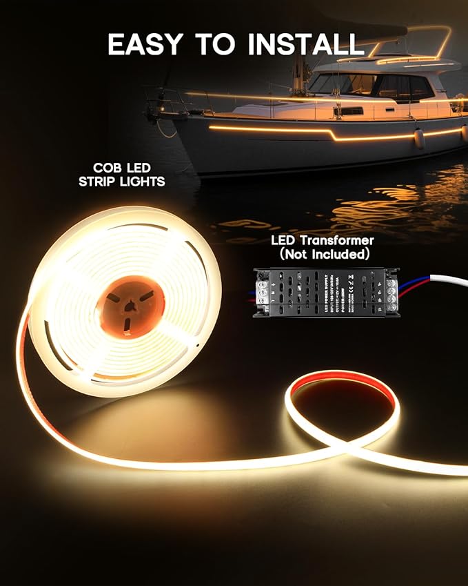 COB LED Strip Lights Blue Light,12V 16.4ft IP67 Waterproof High CRI 95Ra+ Super Bright,Flexible Boat Lights for Fishing Night Outdoor Bathroom Swimming Pool(Power Supply Not Included)