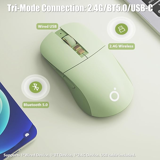 Wireless Gaming Mouse Tri-Mode 2.4GHz/Bluetooth 5.0/Wired USB-C 5-Level DPI Rechargeable Ergonomic Silent Optical Mice for iMac/MacBook/Computer/Laptop, Matcha Green