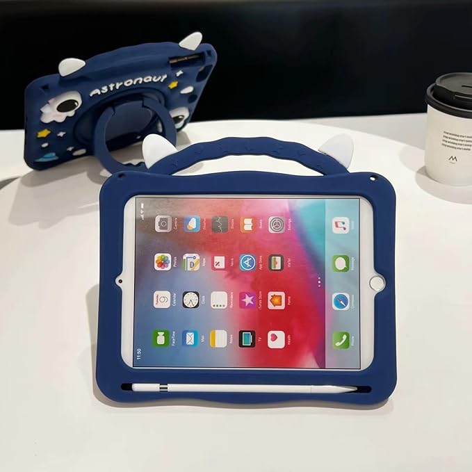 3D Cute Press Astronaut Case for iPad mini 1st 2nd 3rd 4th 5th Gen 7.9 inch,Kawaii Cartoon Character Space Spacecraft Soft Silicone Rotating Stand Case with Lanyard for Kids Teens Girls Women