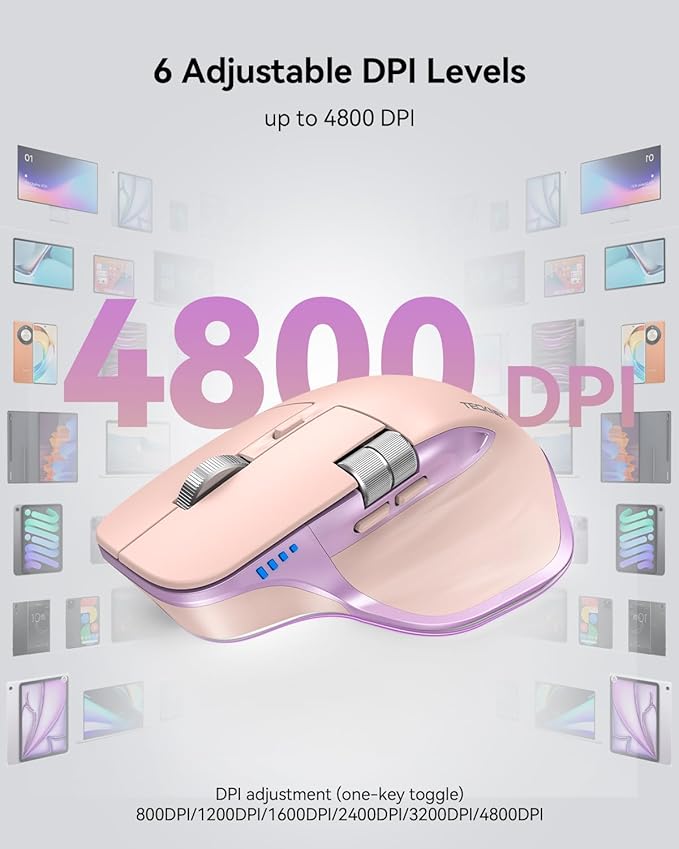 TECKNET Wireless Mouse, Bluetooth Mouse (BT5.3/5.0 & 2.4G) Rechargeable Ergonomic Optical Mouse with 6 Adjustable DPI, Side Scroll, USB A Receiver, 7 Buttons, Wide Compatibility - Pink & Purple