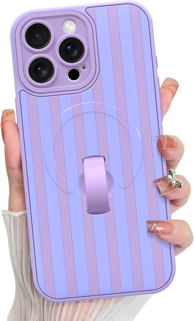 KANGHAR Compatible with iPhone 15 Pro Max Case, Support for MagSafe, Silicone Stripes Cute Pattern, Wristband Kickstand Camera Protection Soft Slim Cover for Girls Women -Purple