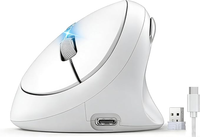 Ergonomic Mouse, Bluetooth Wireless Vertical Mouse, Rechargeable Battery, Quiet Clicks, DPI Adjustable, BT5.0/3.0 & 2.4G Connect, Easy to use, Wide Compatibility (White)