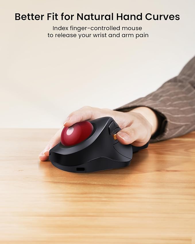 ProtoArc Wireless Bluetooth Trackball Mouse, EM03 NL Ergonomic Rollerball Mouse Rechargeable Computer Mice, 3 Device Connection, Compatible with PC, iPad, Mac, Windows-Red Ball