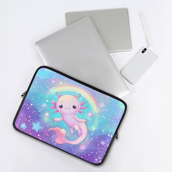 Rainbow Axolotl Computer Sleeve for Women Girls Laptop Sleeve 12 inch Neoprene Laptop Covers with Padded Compartment Lap Top Case Galaxy Computer Carrying Bag Purple