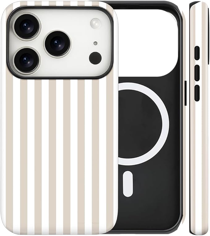 Magnetic for iPhone 17 Pro Case Cute Stripes Phone Case, Shockproof Slim TPU and Hard PC Protective Phone Cover Compatible with MagSafe Designed for Women Girls, Apricot
