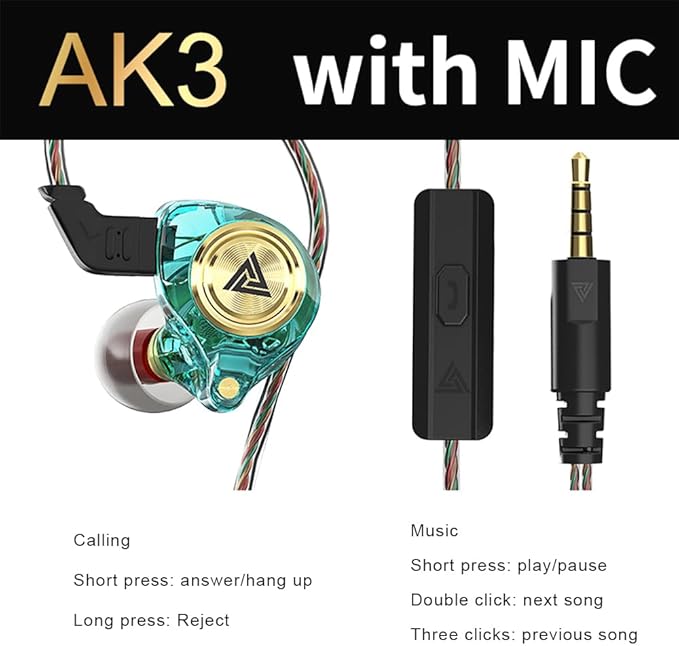 Wired Gaming Earbuds, Ak3file in Ear Monitors, Deep Bass Sound Wired Earbuds, HiFi in Ear Headphones with 1DD 10mm Dynamic Driver, IEM for Music Gaming Video Calling (Green)