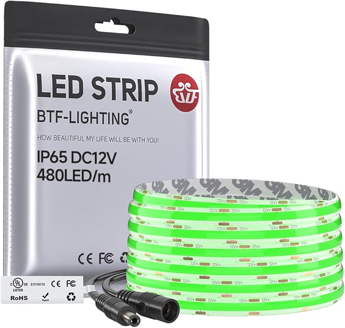 BTF-LIGHTING FCOB IP65 Waterproof Green Color COB LED Strip 16.4FT DC12V 480LED/m 8mm Width Flexible High Density CRI 90+ Dimmable LED Light for Home Indoor Decor(No Controller or Adapter)