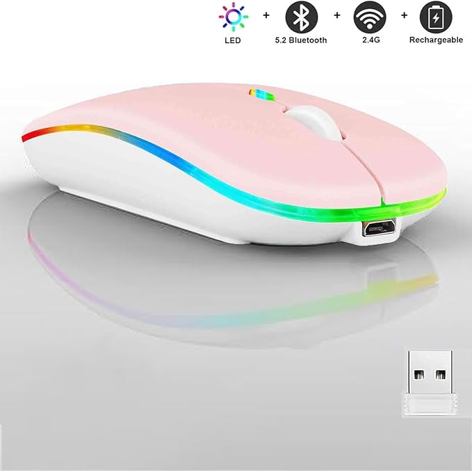 Guiheng Wireless Bluetooth Mouse,LED Dual Mode Rechargeable Silent Slim Laptop Mouse,Portable(BT5.2+USB Receiver) Dual Mode Computer Mice,for Laptop,Desktop Computer,ipad Tablet,Phone,TV (Pink)