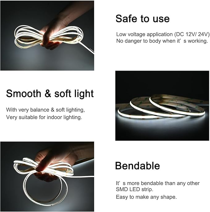 COB LED Strip Lights DC 12V LED Lights Flexible Super Bright LED Strips, 9W/m 2x16.4FT Cool White 6500K CRI 90+,480LEDs/m High Density Uniform Light for Home Room Decor