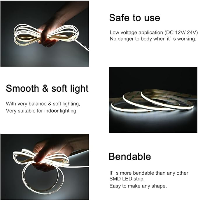 COB LED Strip Lights DC 12V LED Strip Flexible Super Bright LED Strips,16.4ft 6500K White,CRI 90+,2400LEDs High Density Uniform Light for Bedroom Home Room Decor (No Adapter or Controller)