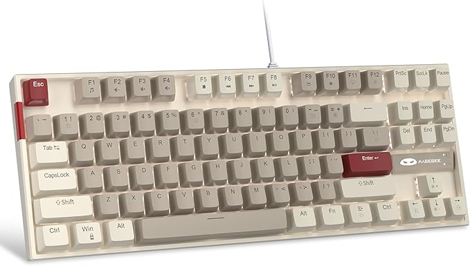 MageGee 75% Mechanical Gaming Keyboard, Brown Switch, LED White Backlit, 87 Keys Compact TKL Wired Computer Keyboards for Windows Laptop PC Gamer - Retro Grey/White